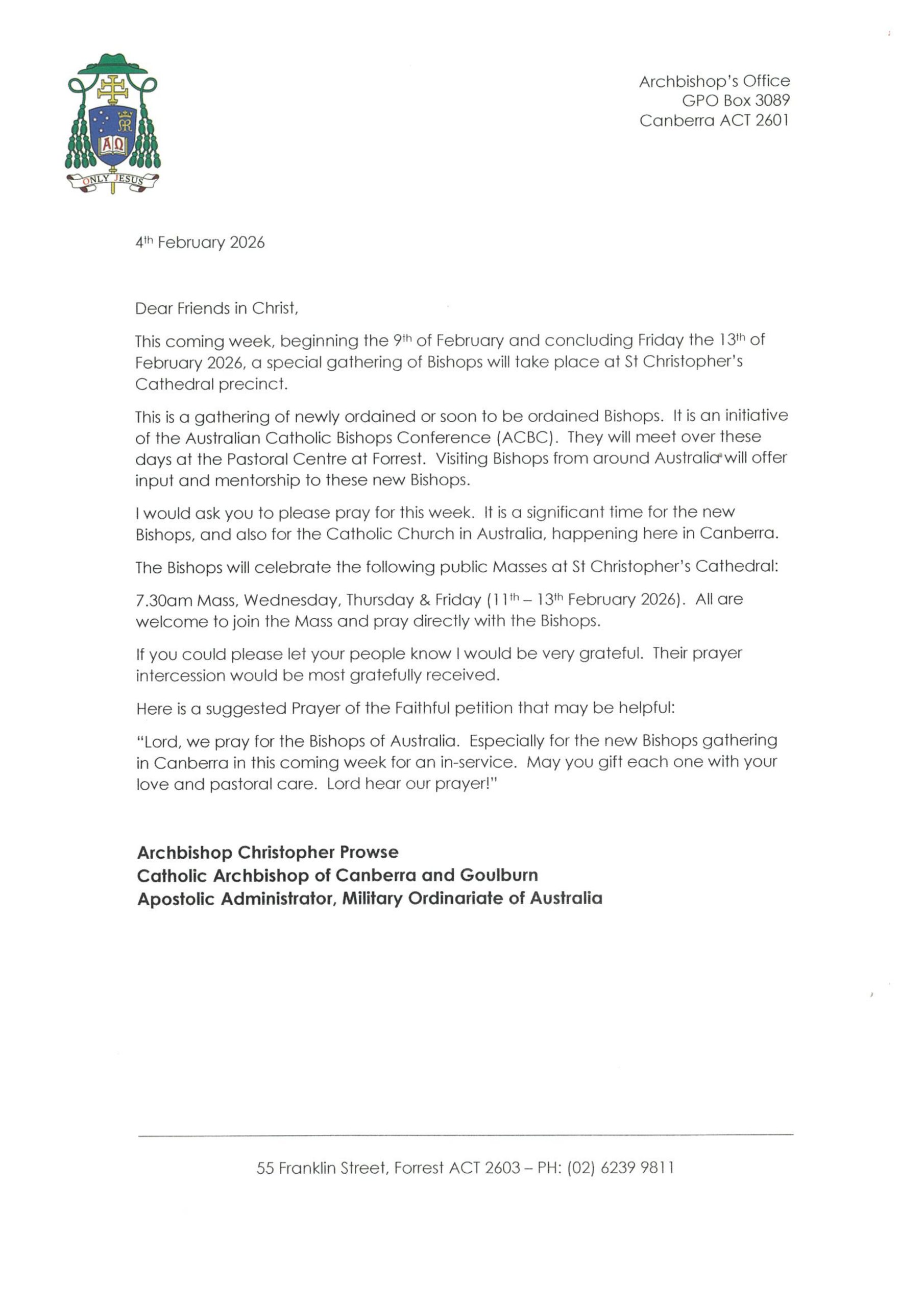 Statement from Archbishop Christopher Prowse – Gathering of Bishops in Canberra