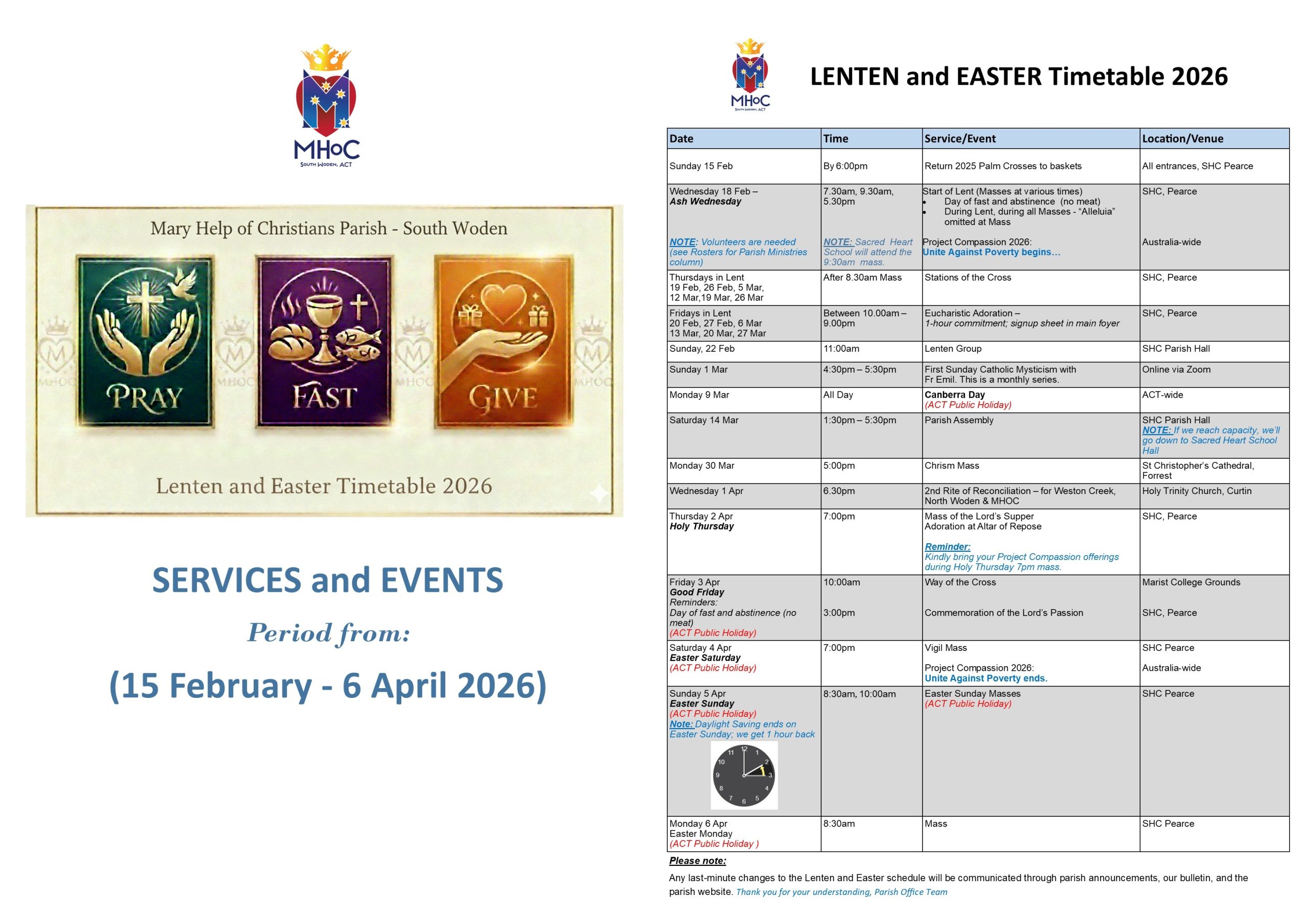 Lenten and Easter Timetable 2026