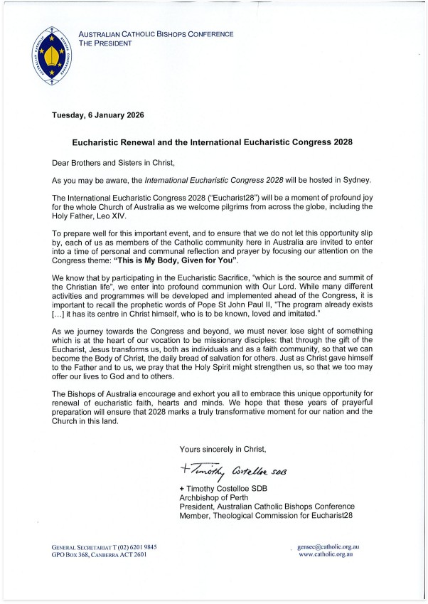 Letter from The President, Australian Catholic Bishops Conference