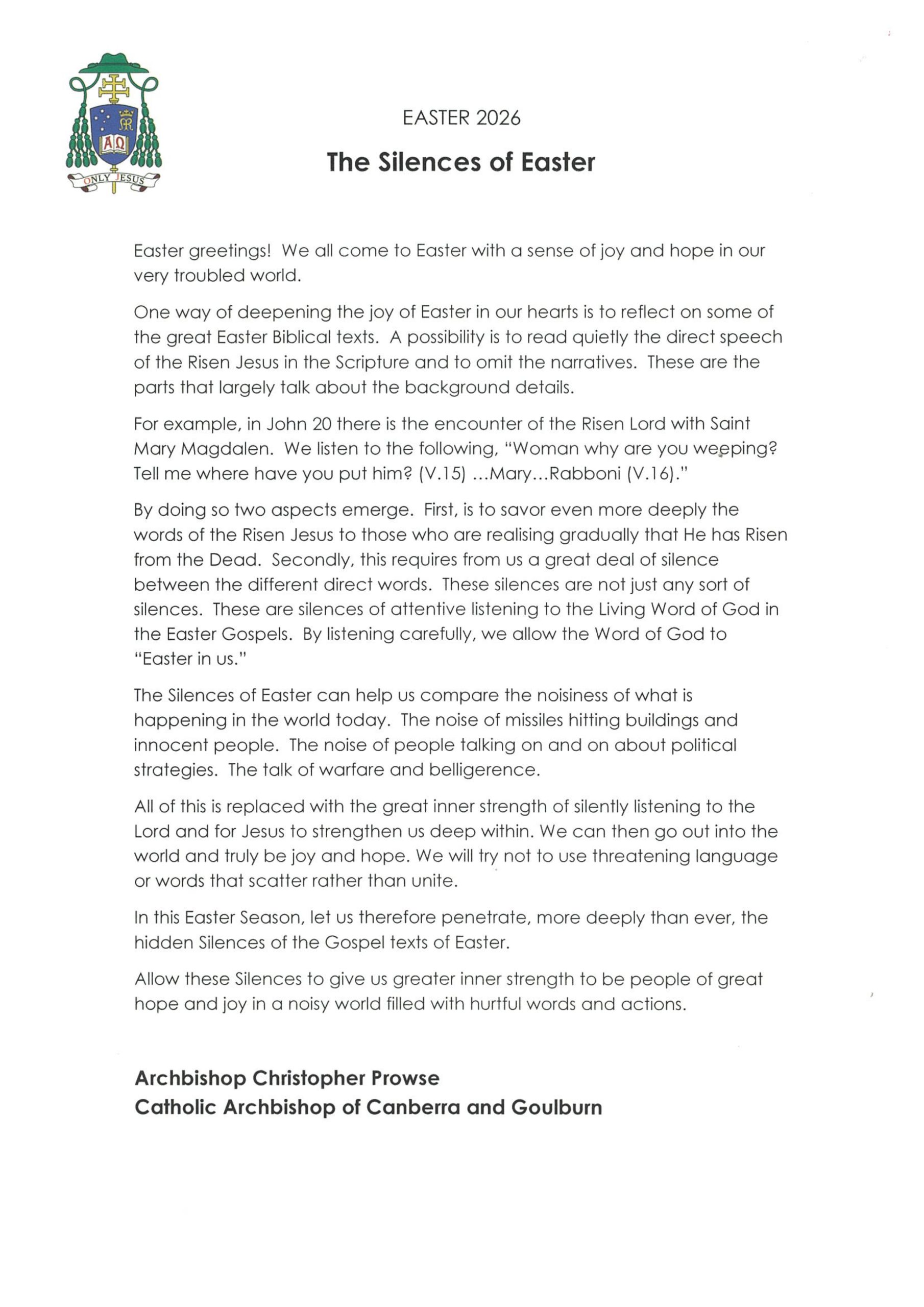 Archbishop Christopher Prowse 2026 Easter Message