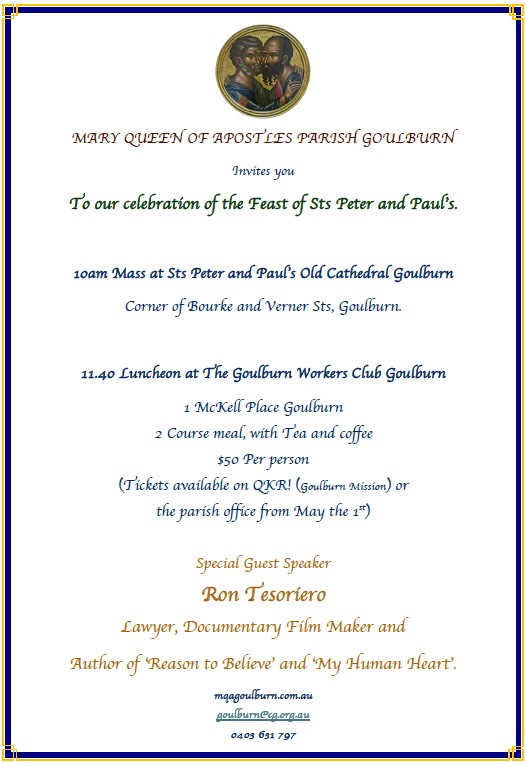 28 June | Sts Peter and Paul's Feast Day | 10:00 am | Few seats left!