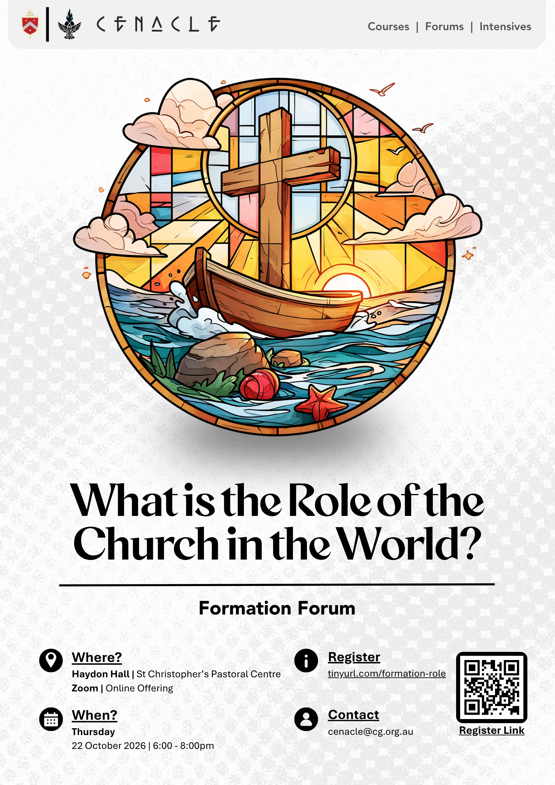 Formation Forum: “What is the Role of the Church in the World?”, Thurs, 22 Oct, 6–8pm, at Haydon Hall