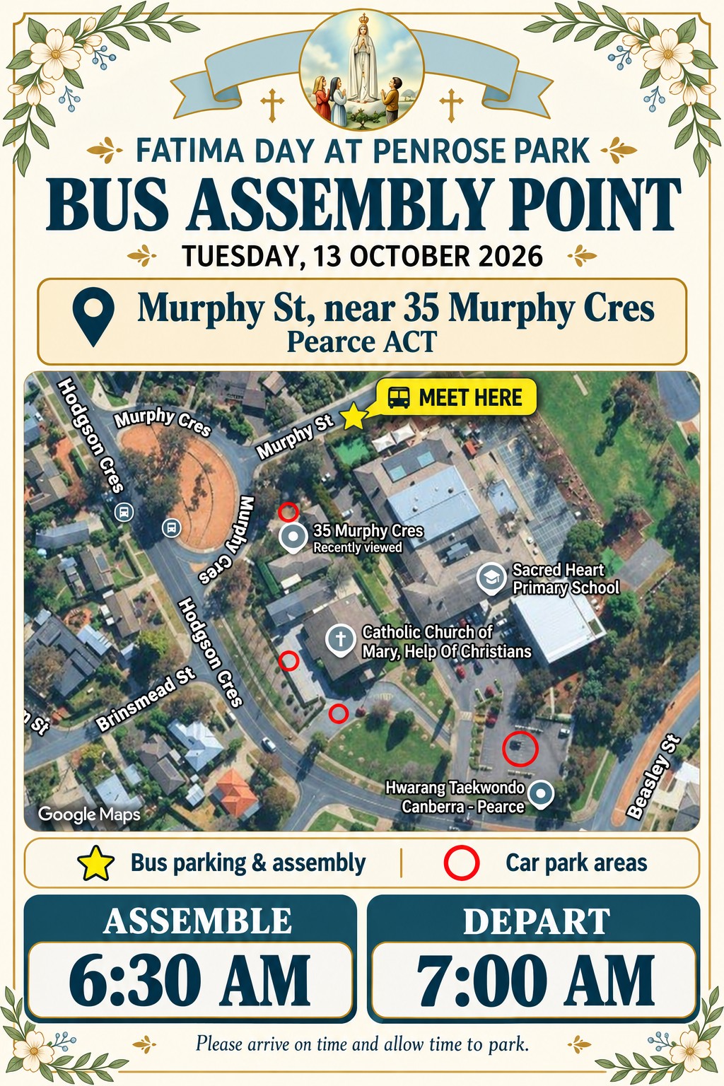 Assembly Point: Fatima Day Pilgrimage to Penrose Park, Tuesday, 13 October 2026