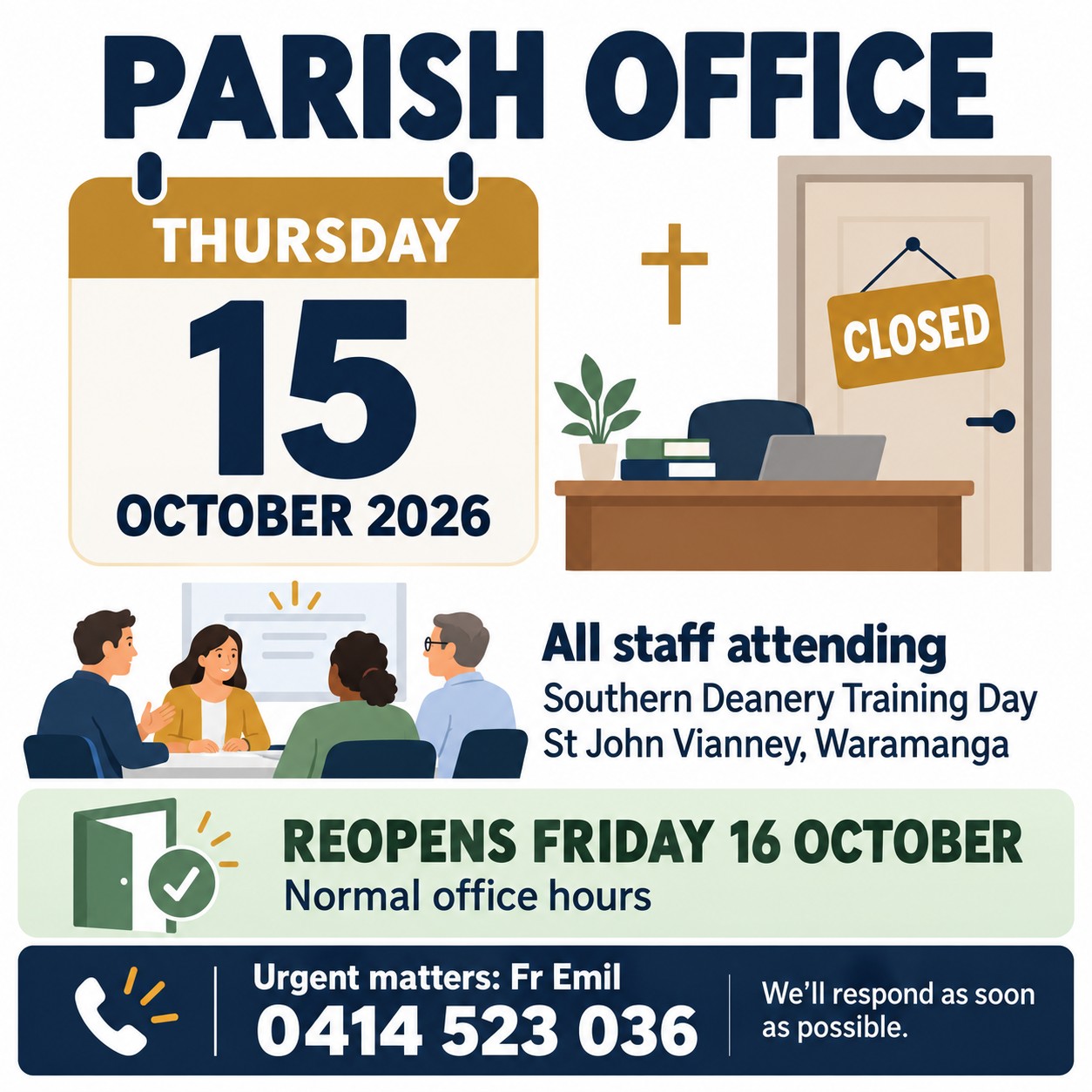 Parish Office Closed – Deanery Training Day, Thursday, 15 Oct 2026